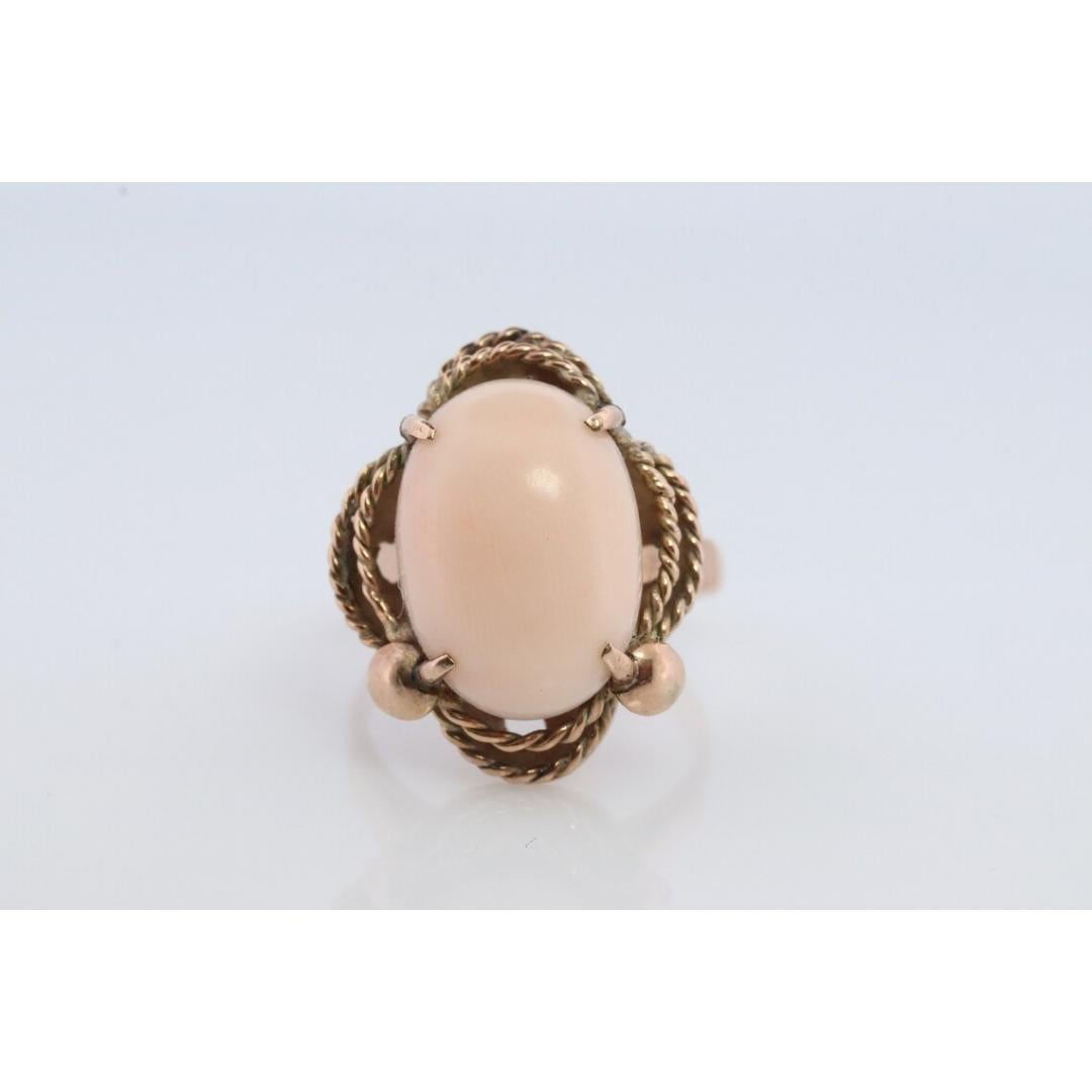 14k Large Oval Pink Angel Skin CORAL ring. NATURAL Coral Cabochon statement ring For Sale 3
