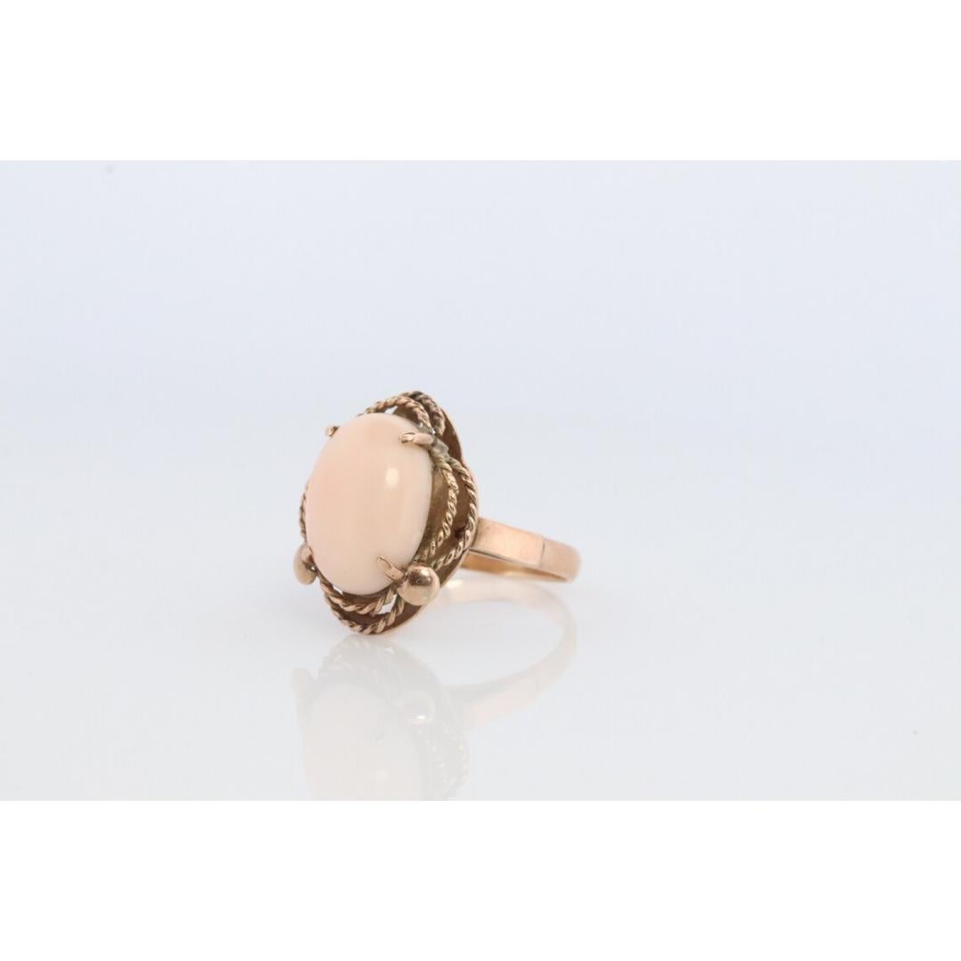 14k Large Oval Pink Angel Skin CORAL ring. NATURAL Coral Cabochon statement ring For Sale 5
