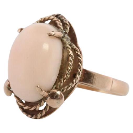 14k Large Oval Pink Angel Skin CORAL ring. NATURAL Coral Cabochon statement ring