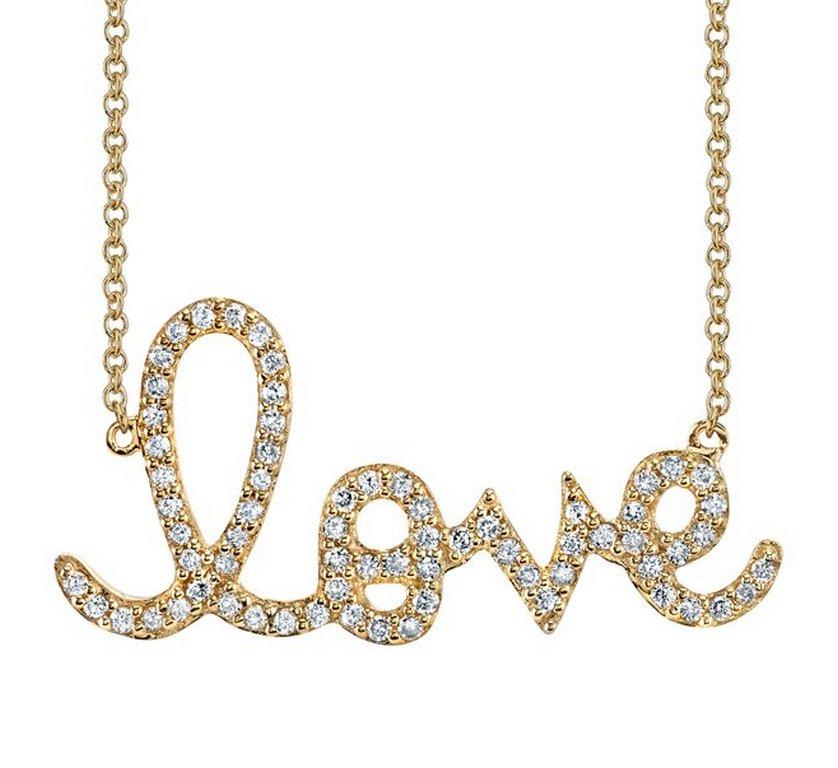 Contemporary 14k Large Yellow Gold and Diamond Love Script Necklace Sydney Evan For Sale