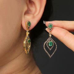 14K Leaf Design Drop Dangle Emerald Earring with 1.61 carat Diamond