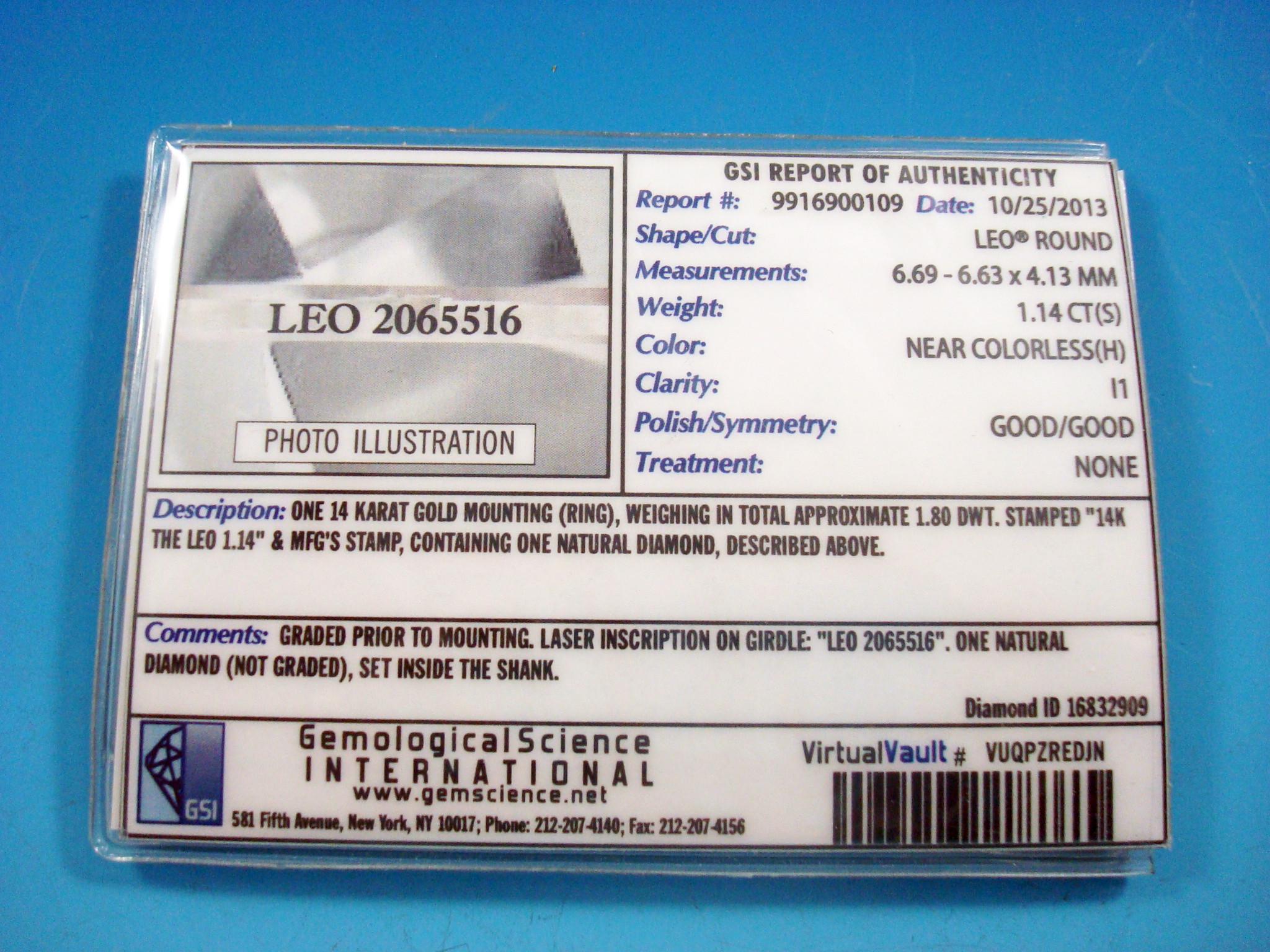 Anillo de Compromiso de Diamante Redondo de 14K Leo 1,14ct 1,64c en venta 1