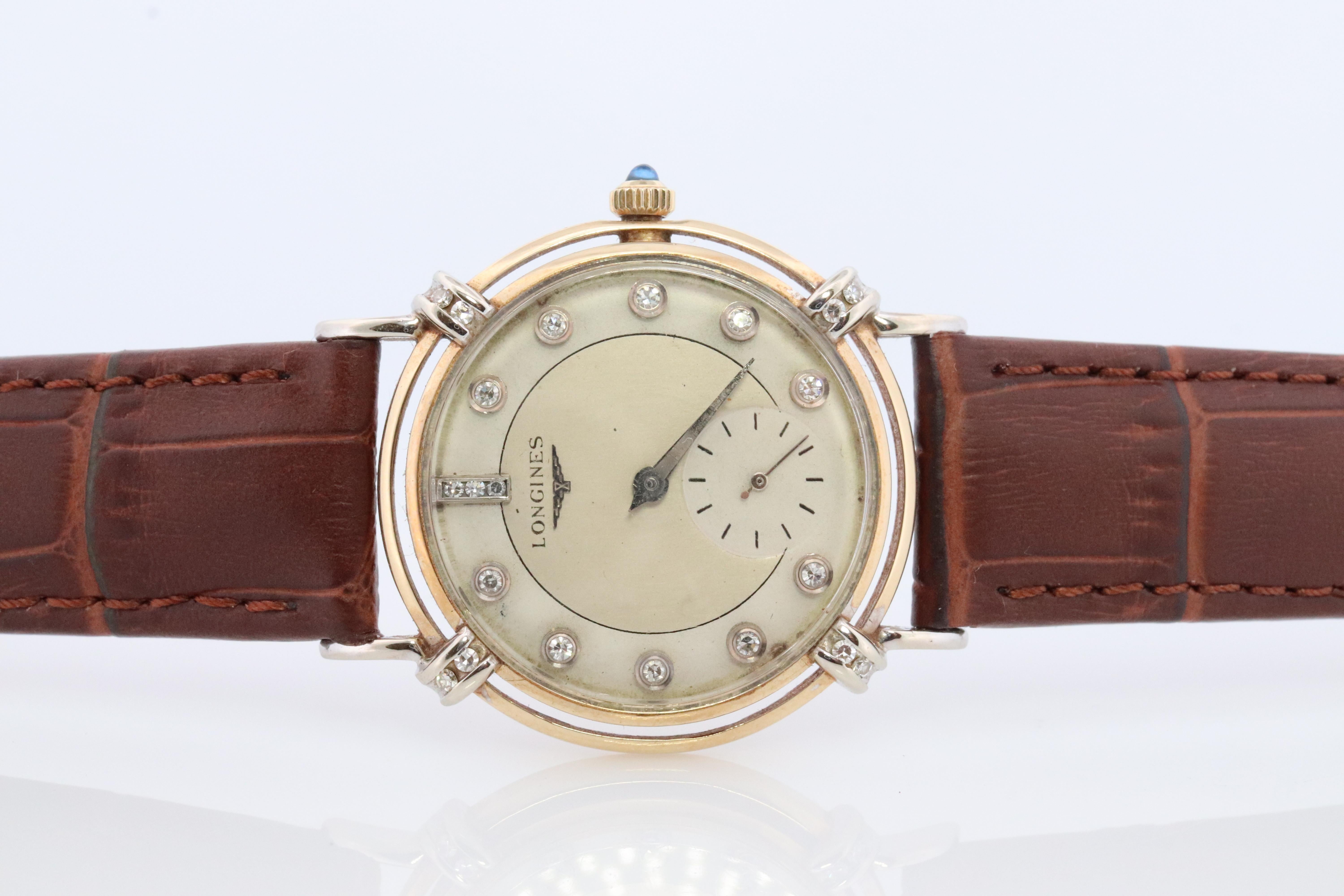 Round Cut 14k Longines Diamond Watch. Vintage 1950s LONGINES Mens Wristwatch 22L