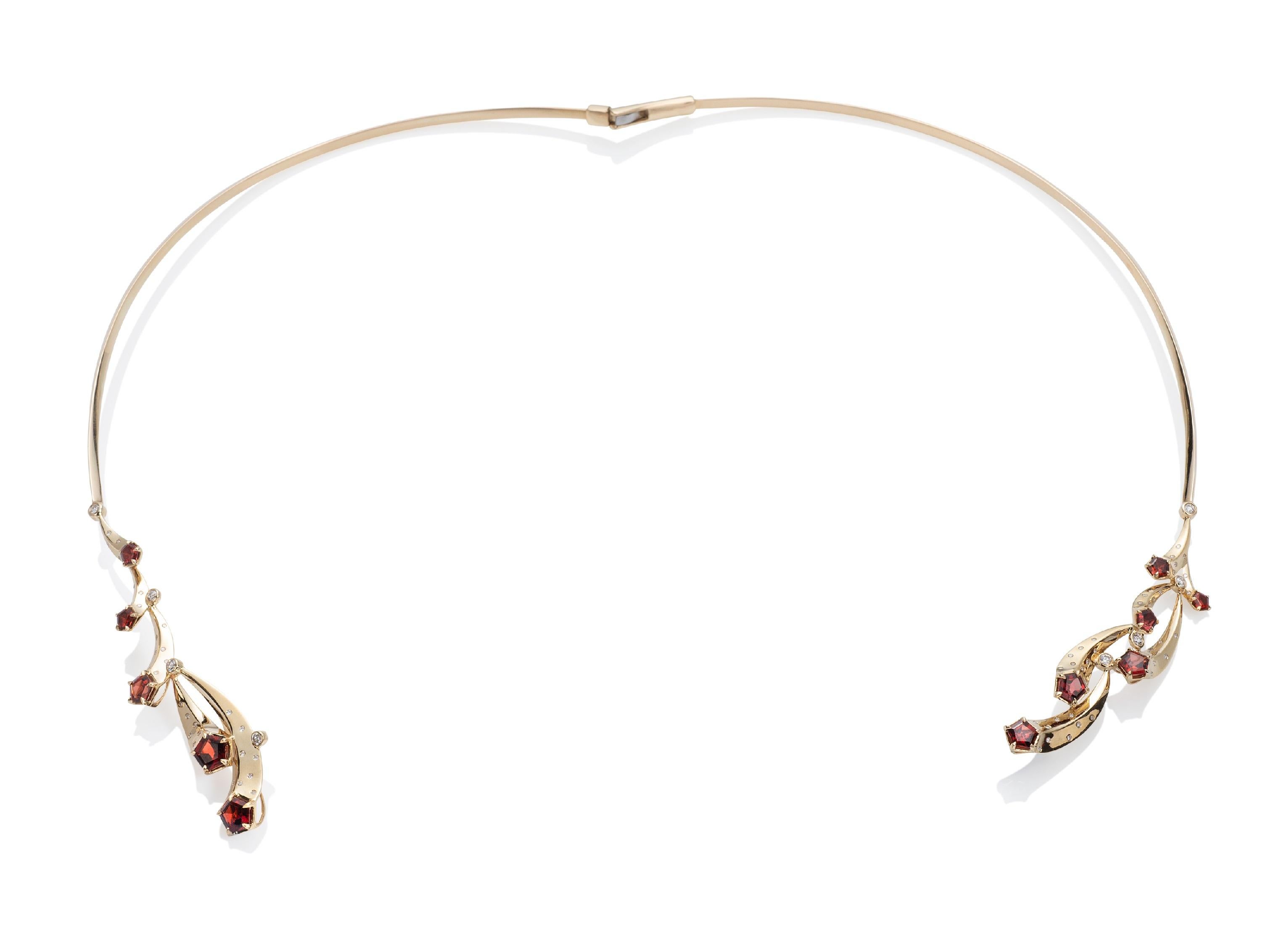 Contemporary 14 Karat, Madeira Garnet and Diamond Multi-Comet Necklace For Sale