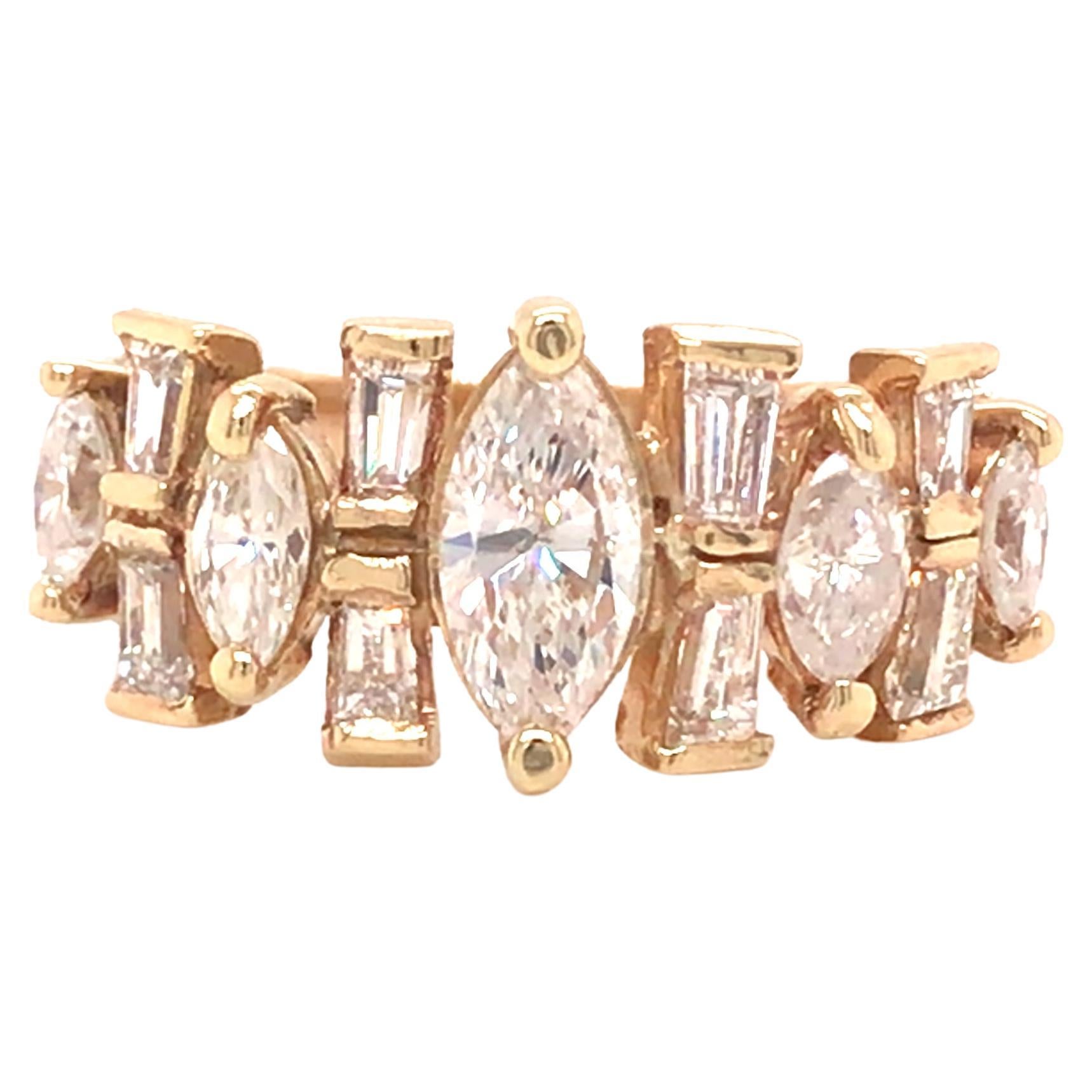 14K Marquise and Baguette Diamond Band Yellow Gold For Sale