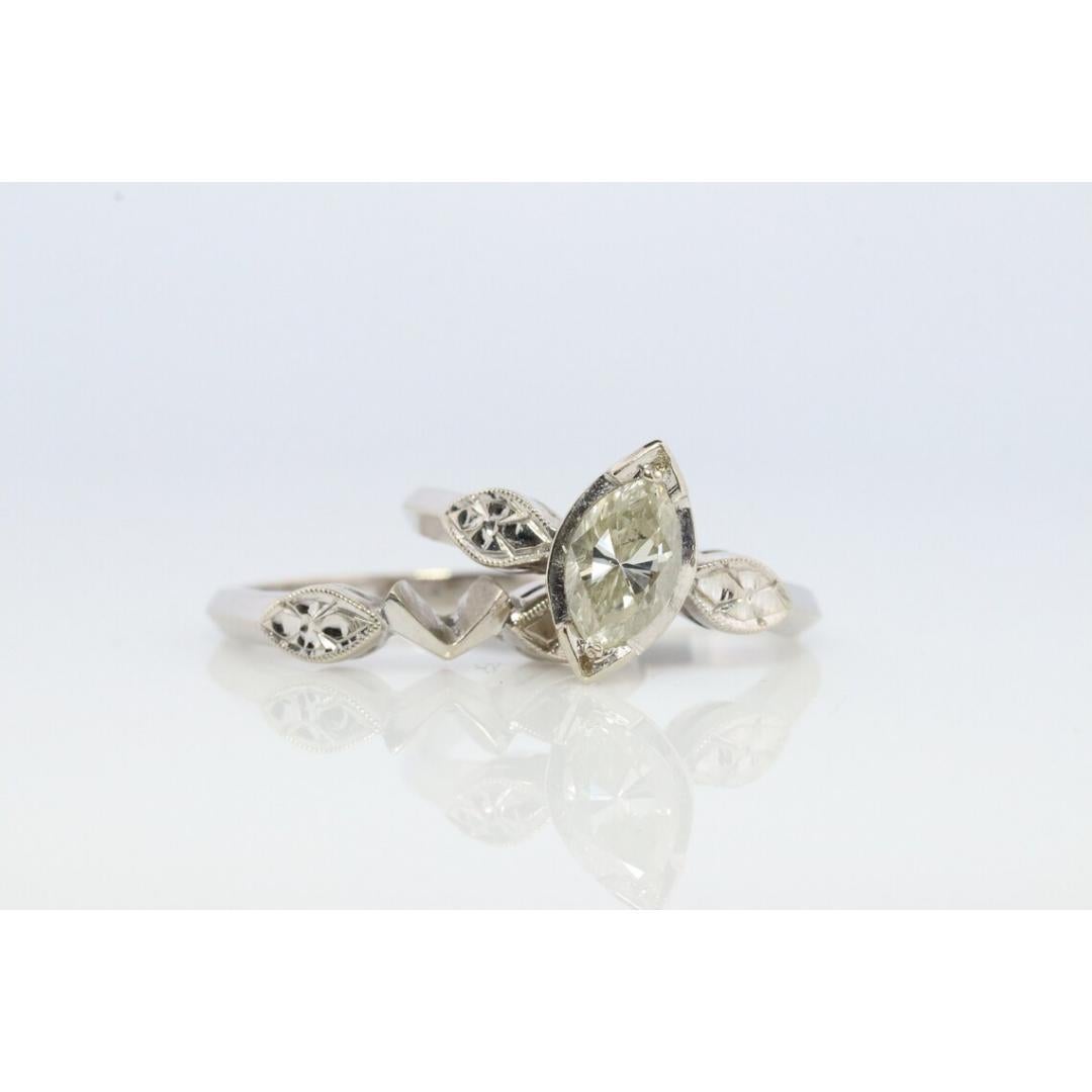 Parure de mariage en or blanc 14k, diamant marquise (0.49ctw). Parure de mariage en or blanc 14k un diamant en vente 6