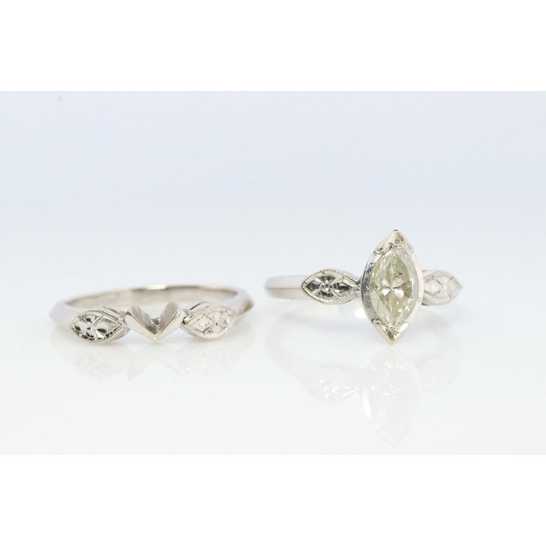 Parure de mariage en or blanc 14k, diamant marquise (0.49ctw). Parure de mariage en or blanc 14k un diamant en vente 2