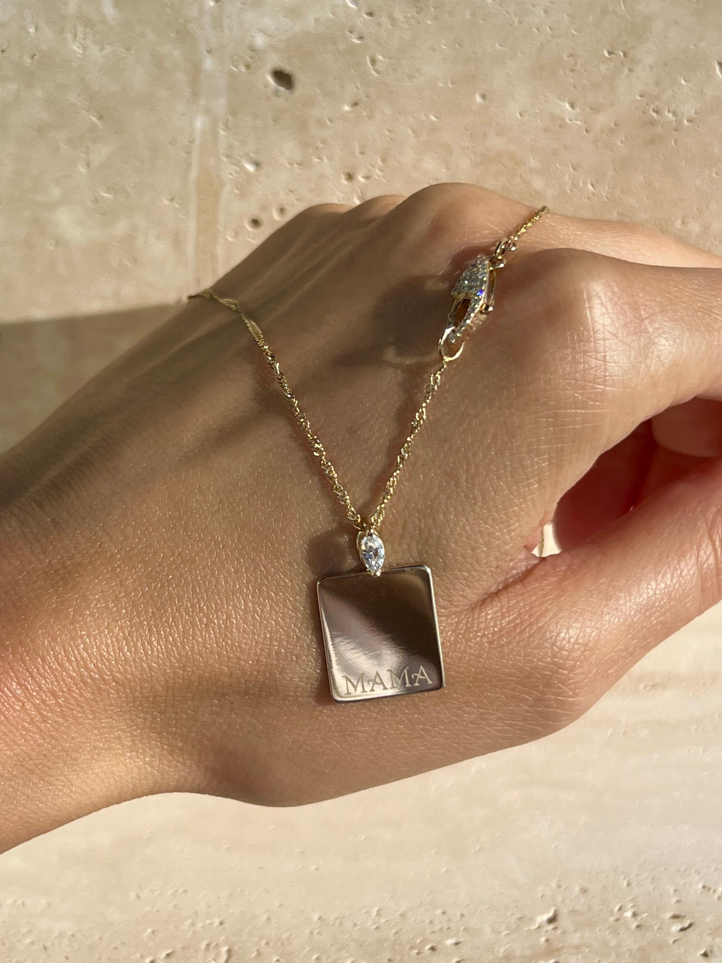 Modern 14k Yellow Gold “MAMA” Engraved Diamond Dog Tag Necklace by Series of Eleven For Sale