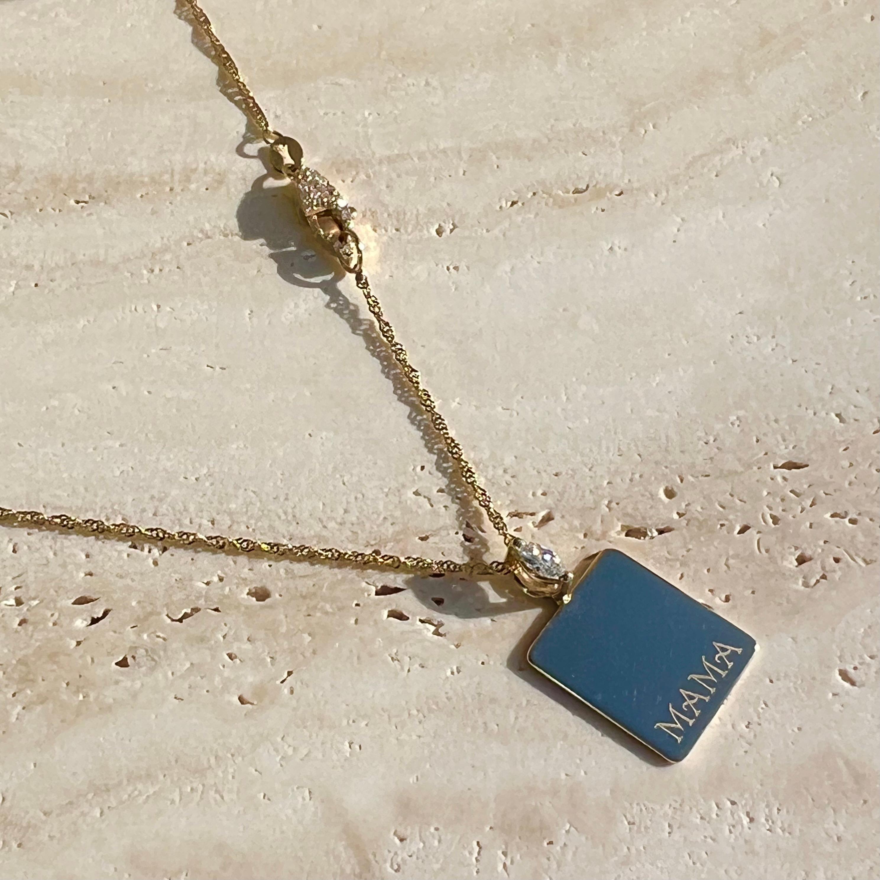 Marquise Cut 14k Yellow Gold “MAMA” Engraved Diamond Dog Tag Necklace by Series of Eleven For Sale
