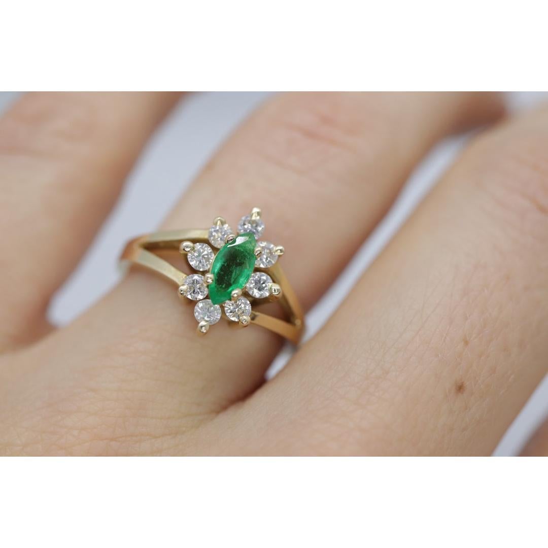 14k Marquise Emerald and Diamond Halo yellow gold ring. 0.36ctw in diamonds In Good Condition In Port Charlotte, FL