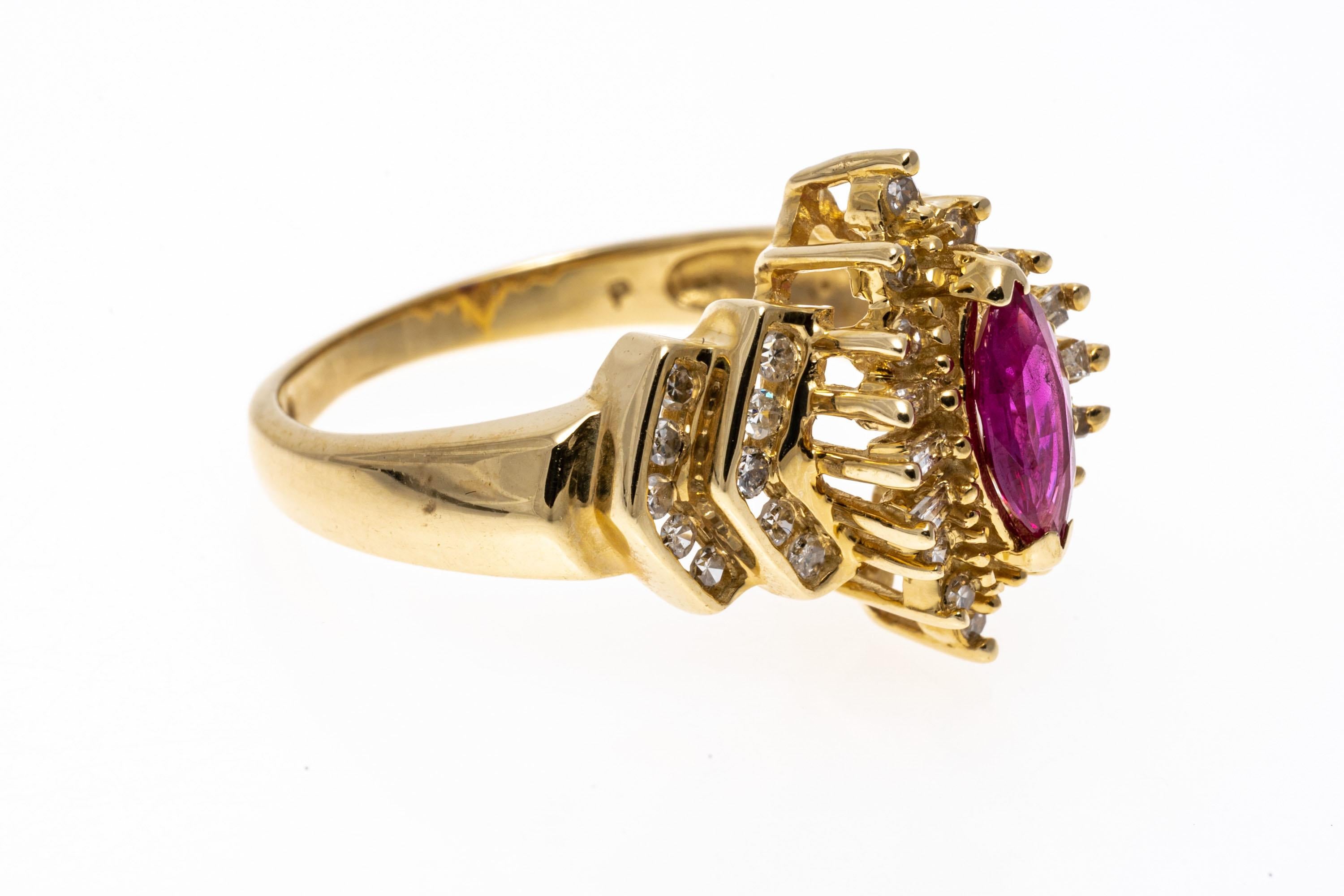 Contemporary 14k Marquise Ruby Ballerina Ring with Diamond Chevron Sides For Sale