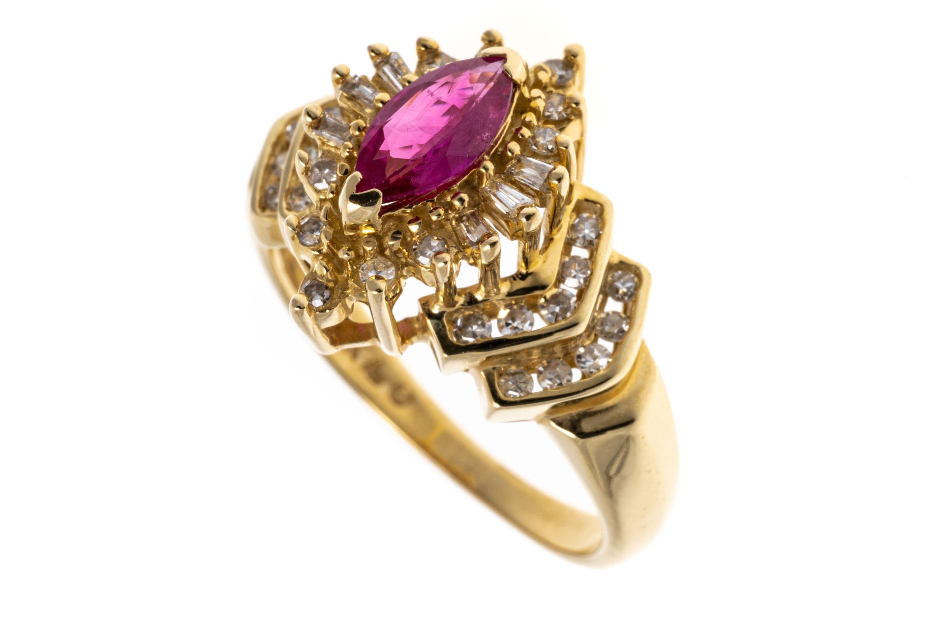 Marquise Cut 14k Marquise Ruby Ballerina Ring with Diamond Chevron Sides For Sale
