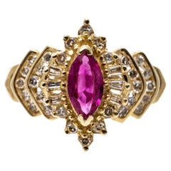 Vintage 14k Marquise Ruby Ballerina Ring with Diamond Chevron Sides