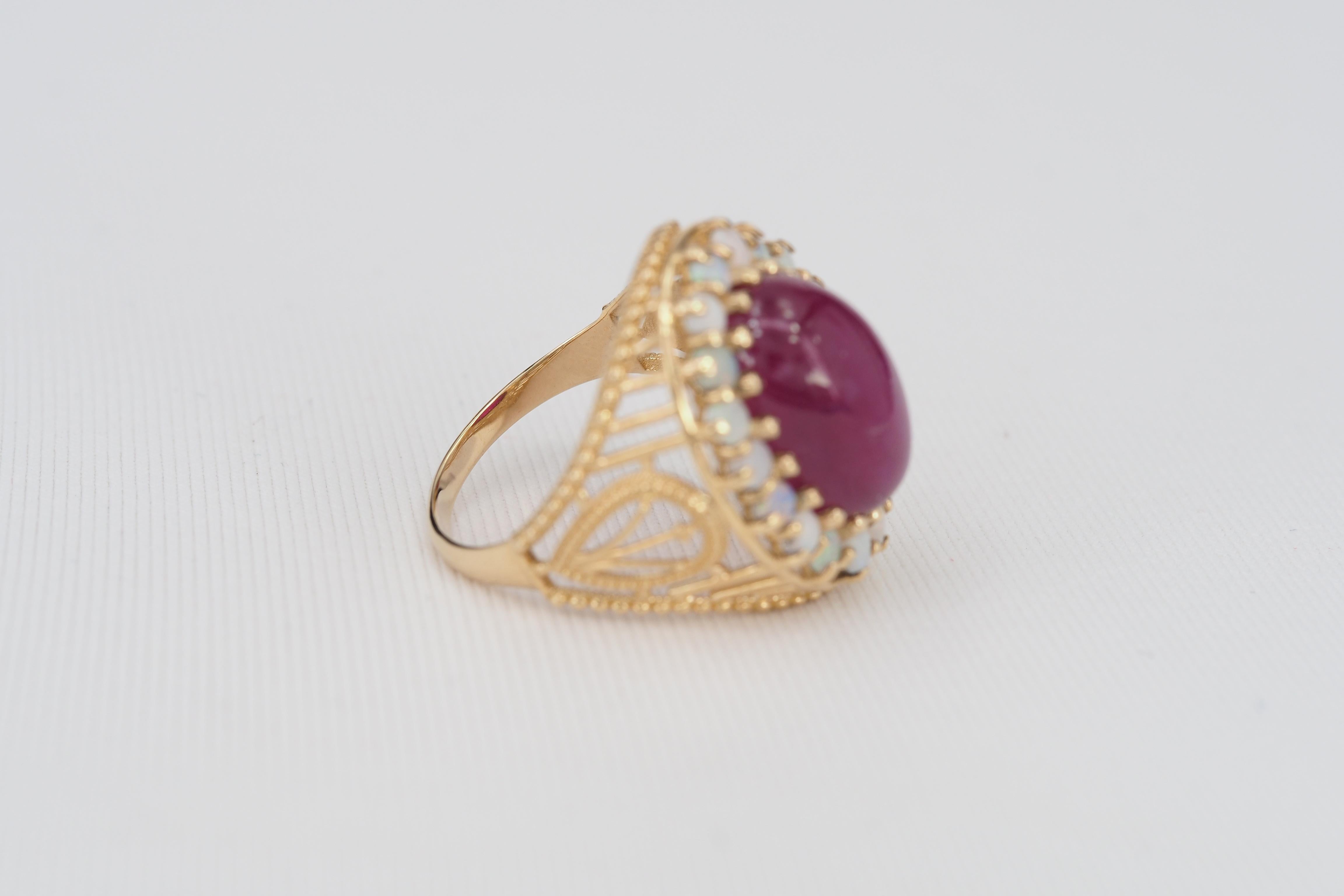For Sale:  14k Massive Gold Ring with Cabochon Ruby and Opals, Vintage Inspired Ring 10