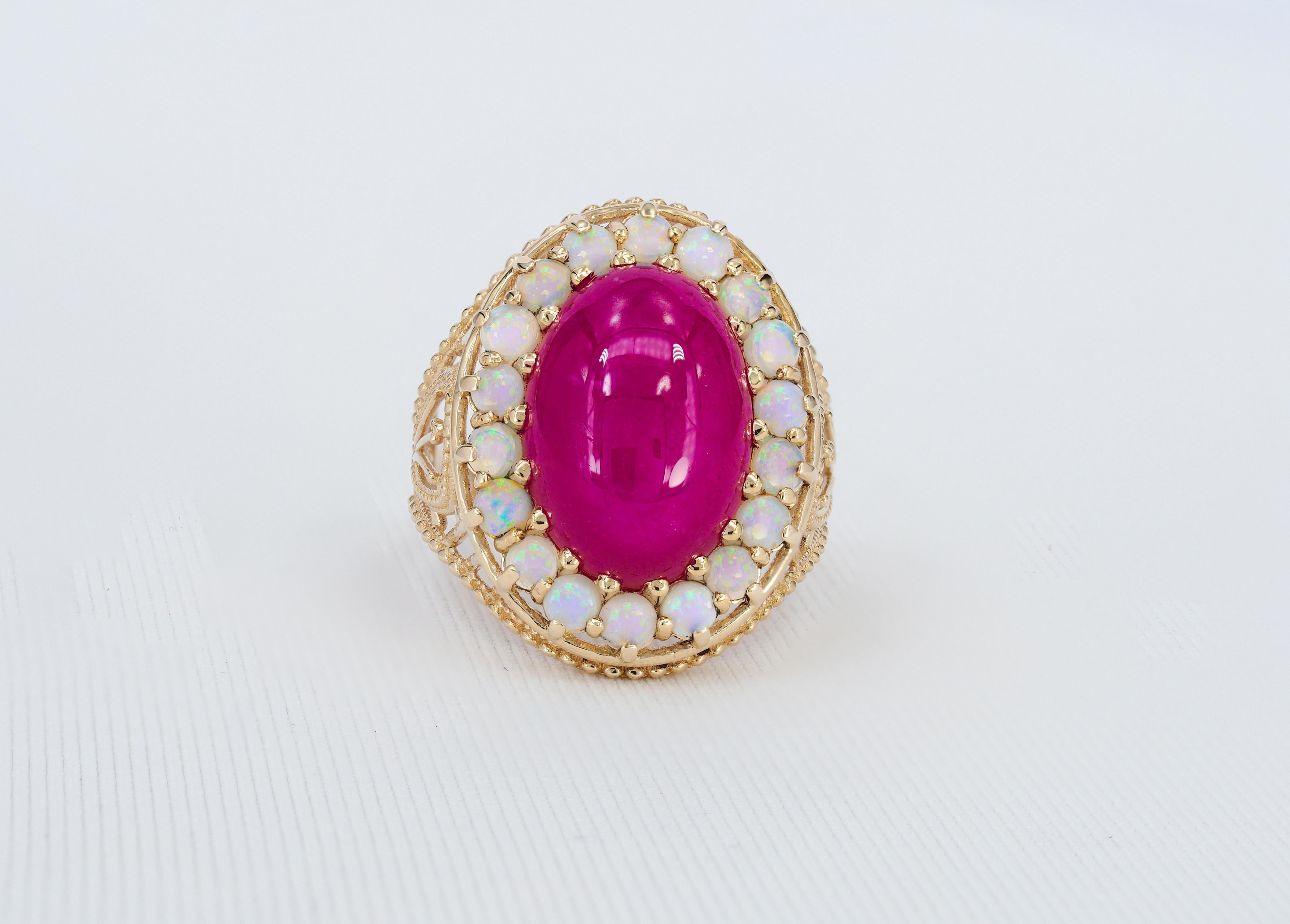 For Sale:  14k Massive Gold Ring with Cabochon Ruby and Opals, Vintage Inspired Ring 3