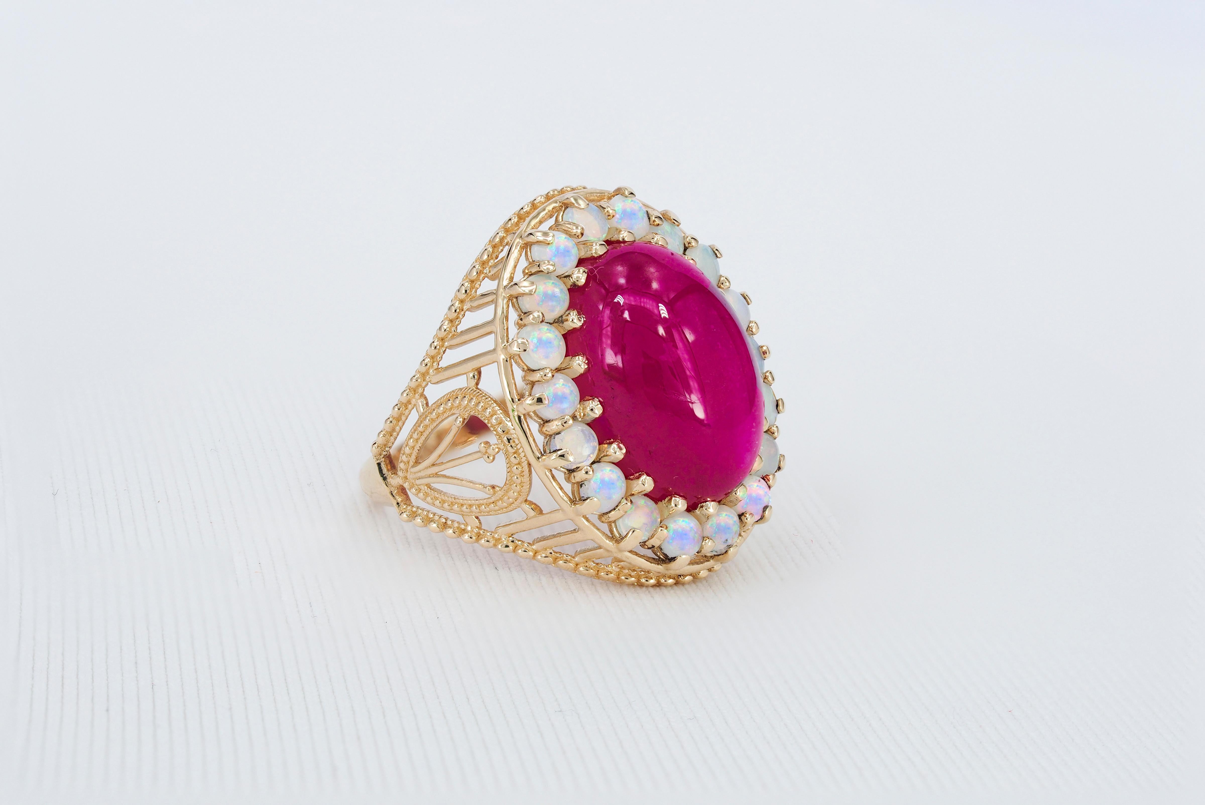 For Sale:  14k Massive Gold Ring with Cabochon Ruby and Opals, Vintage Inspired Ring 4