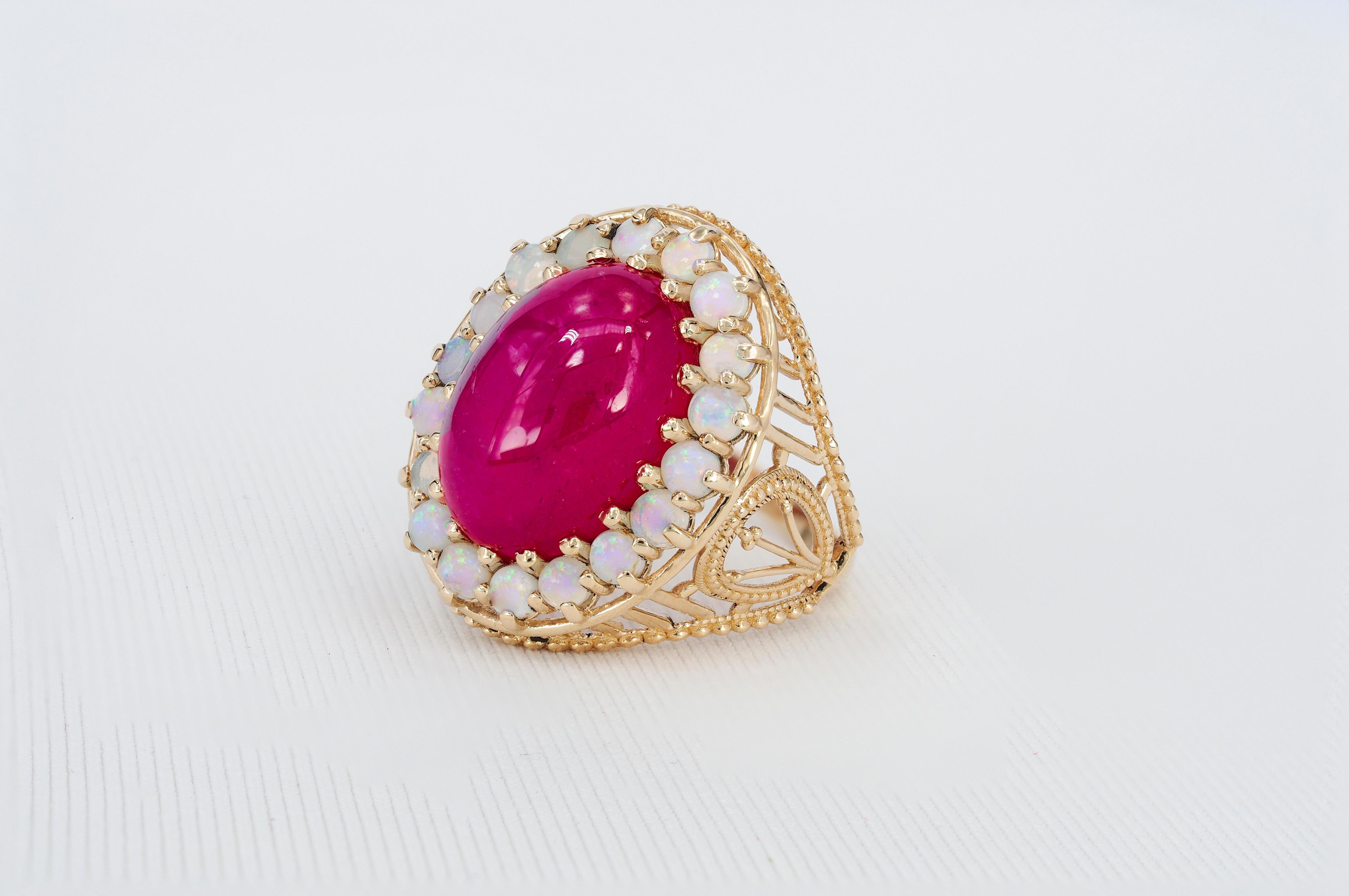 En vente :  Bague en or massif 14 carats avec cabochon de rubis et opales, d'inspiration vintage 5