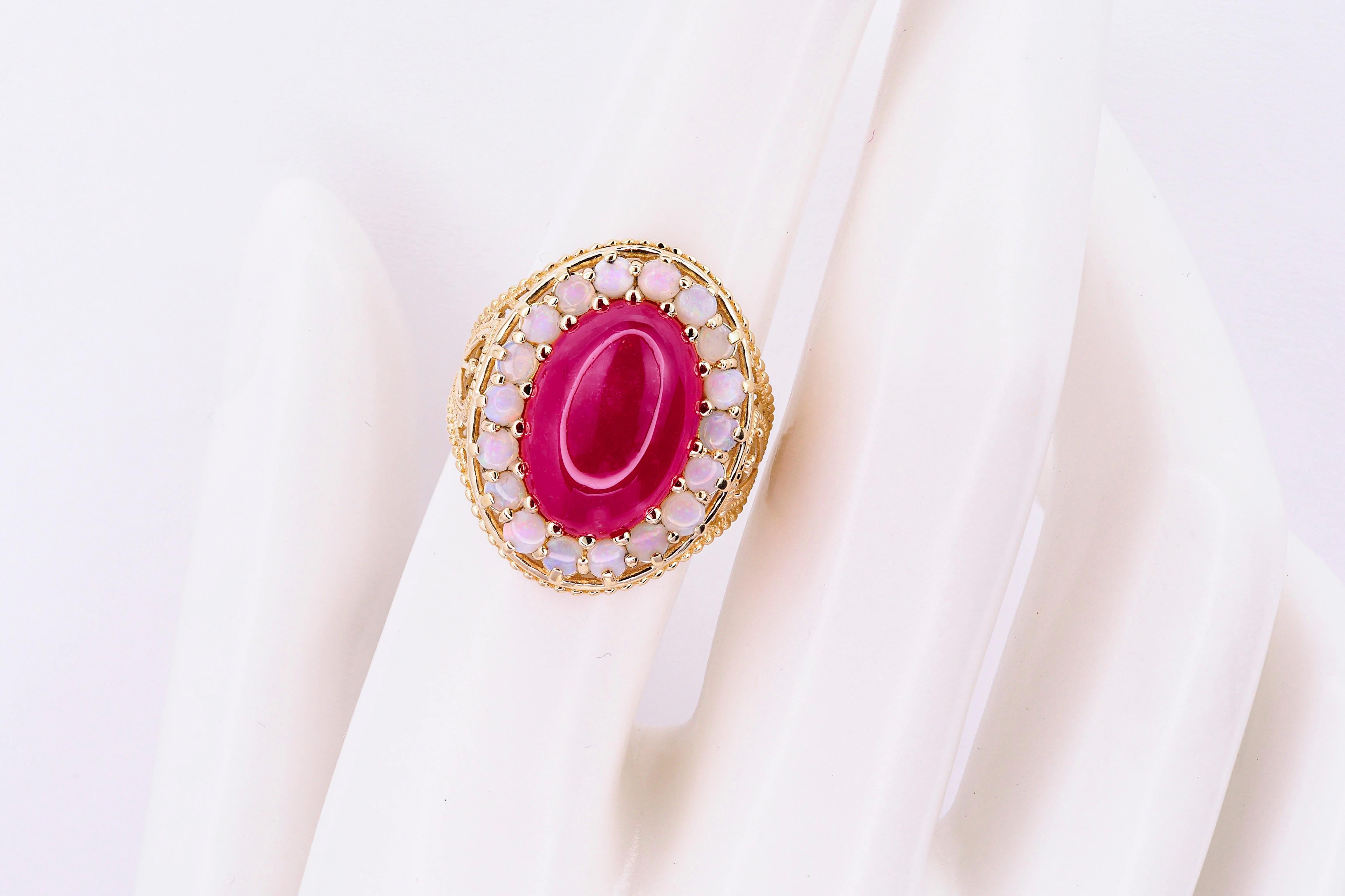 For Sale:  14k Massive Gold Ring with Cabochon Ruby and Opals, Vintage Inspired Ring 7