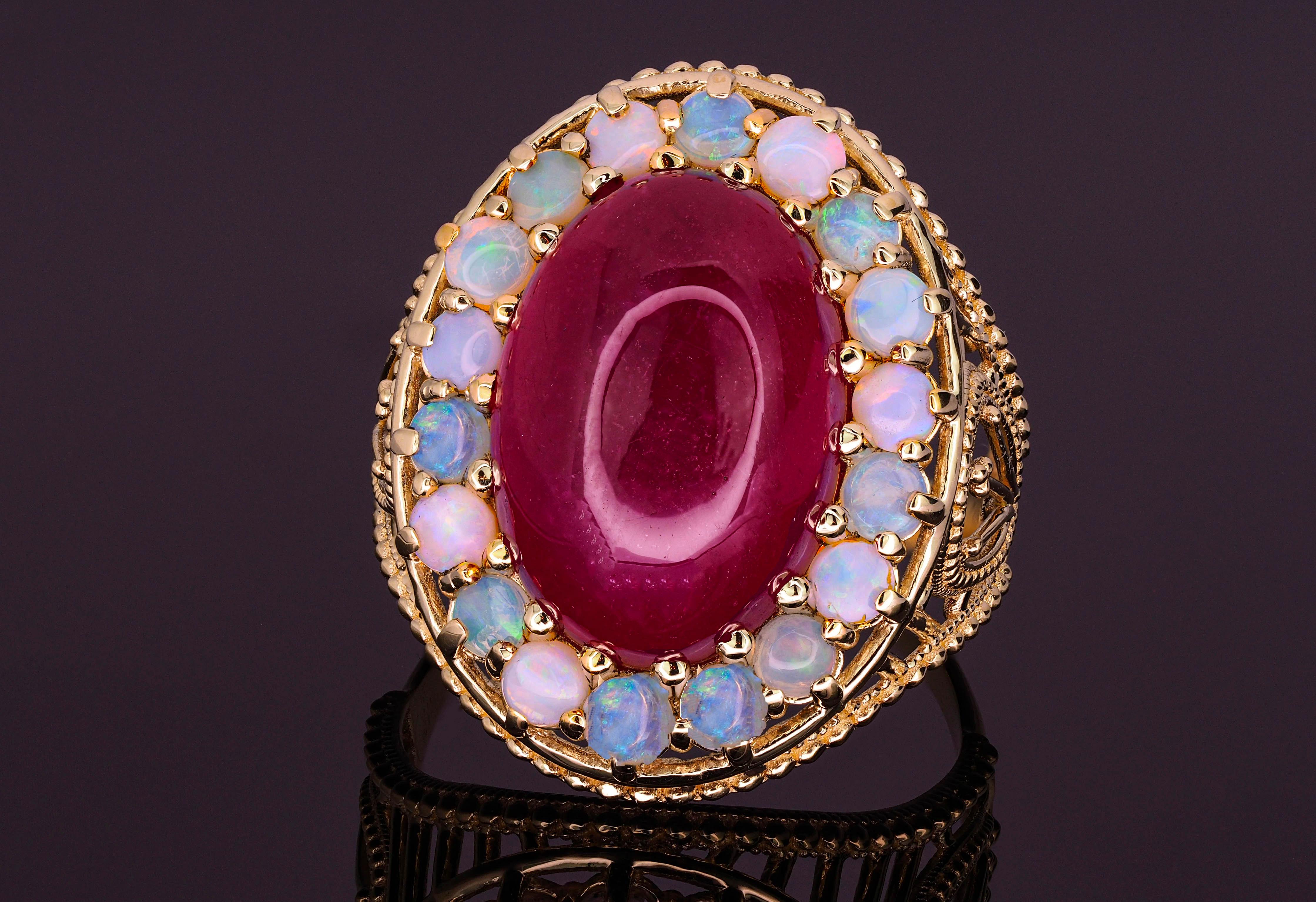 For Sale:  14k Massive Gold Ring with Cabochon Ruby and Opals, Vintage Inspired Ring 9