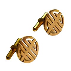 14k MCM Round Chinese "Longevity" Cufflinks Circle Cut Men's Cufflinks, Pair