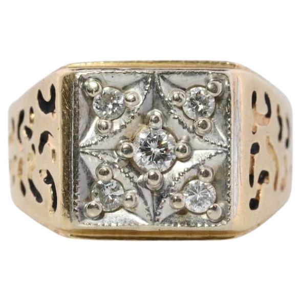 14k Mens DIAMOND ring. 14k White Gold Heavy 5 diamond square signet ring.