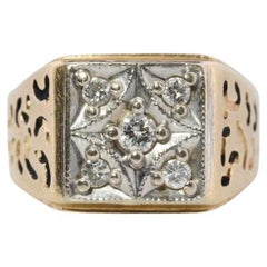 14k Mens DIAMOND ring. 14k White Gold Heavy 5 diamond square signet ring.