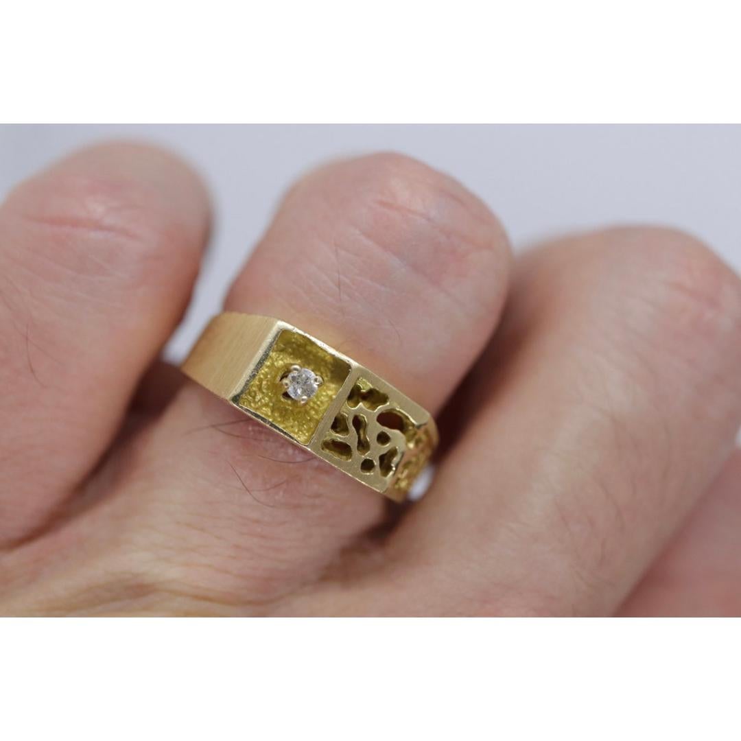 Anillo solitario de diamantes para hombre de 14k. Diamante pesado engastado en pepita de oro 6