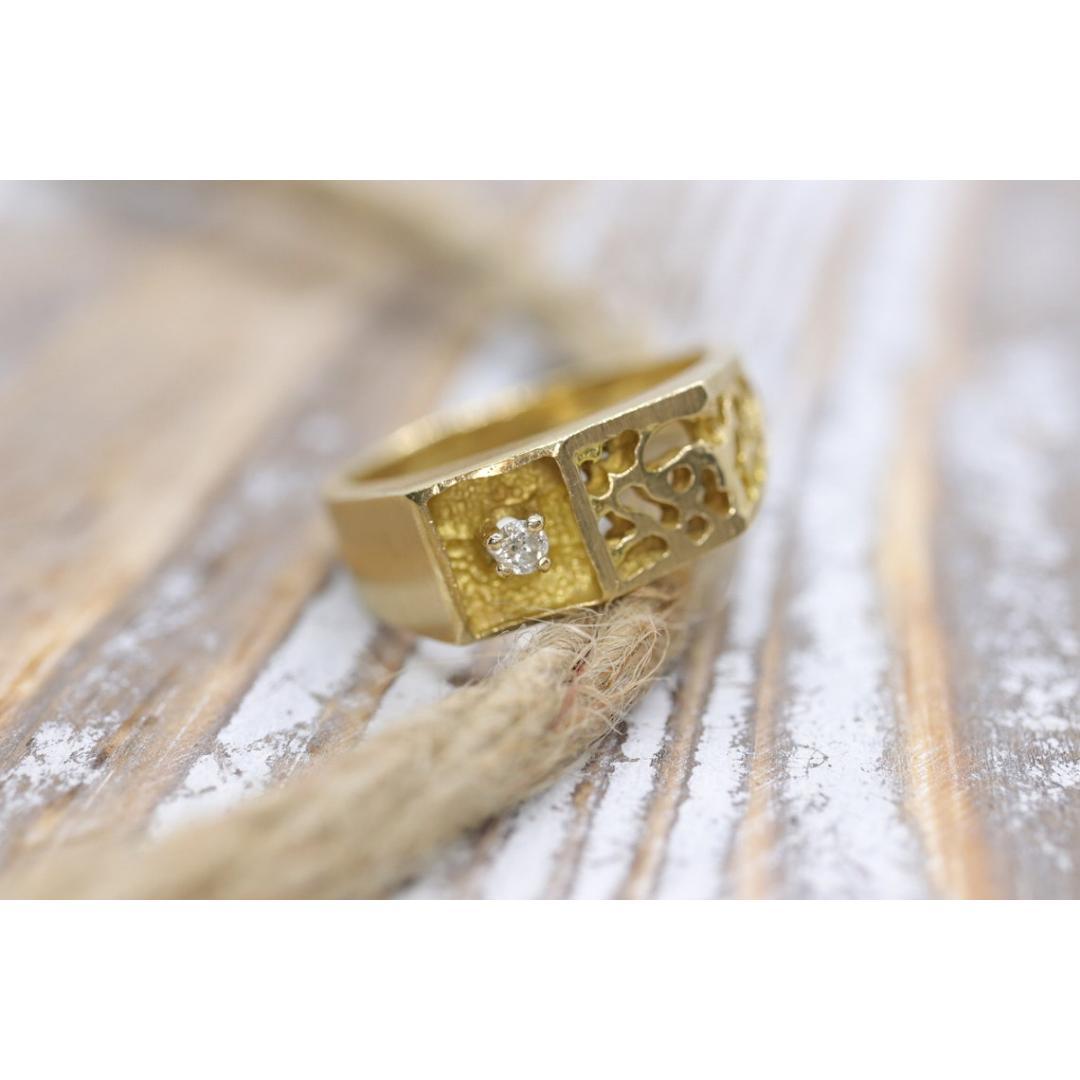Anillo solitario de diamantes para hombre de 14k. Diamante pesado engastado en pepita de oro 1