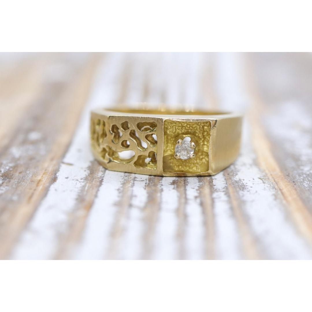 Anillo solitario de diamantes para hombre de 14k. Diamante pesado engastado en pepita de oro 2