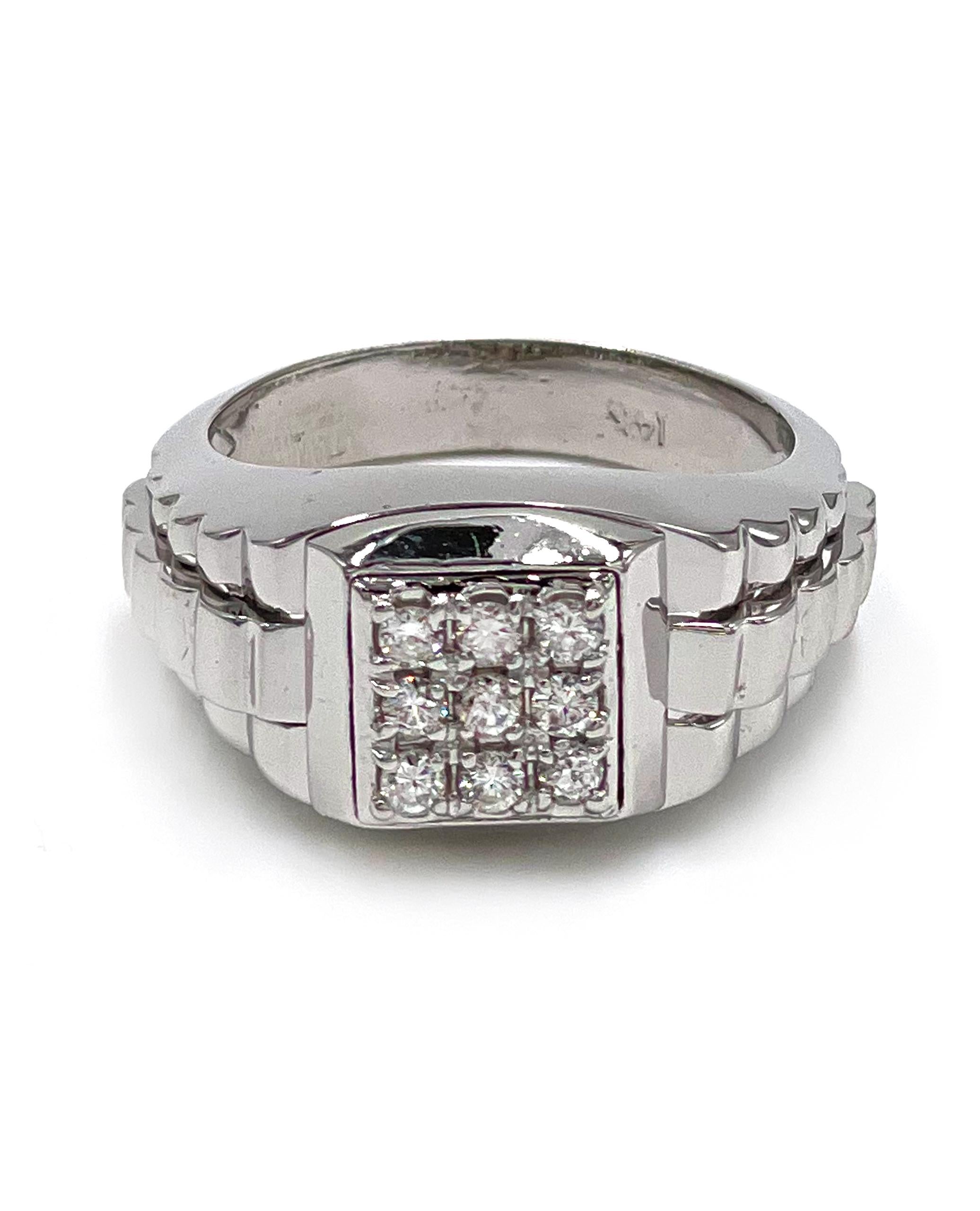 14K white gold men's ring with 9 round brilliant cut diamonds 0.35 carat total weight. 

* Finger size 9.75 (can be sized upon request).
* Diamonds are H/I color, SI clarity.
* Top width 12mm and tapers down to 4.5mm.