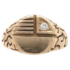 14K Men's Retro Signet Ring with Diamond Accent