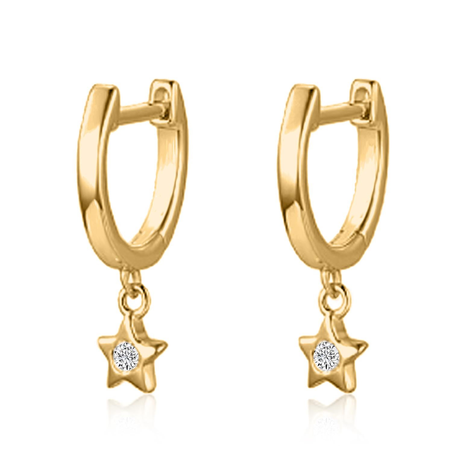 14K Mini Dangling Diamond Star Huggie Earring

Earring Information
Diamond Type : Natural Diamond
Metal : 14k Gold
Metal Color : Rose Gold, Yellow Gold, White Gold
Total Carat Weight : 0.042 ttcw
Diamond colour-clarity : G/H Color VS/Si1 Clarity
