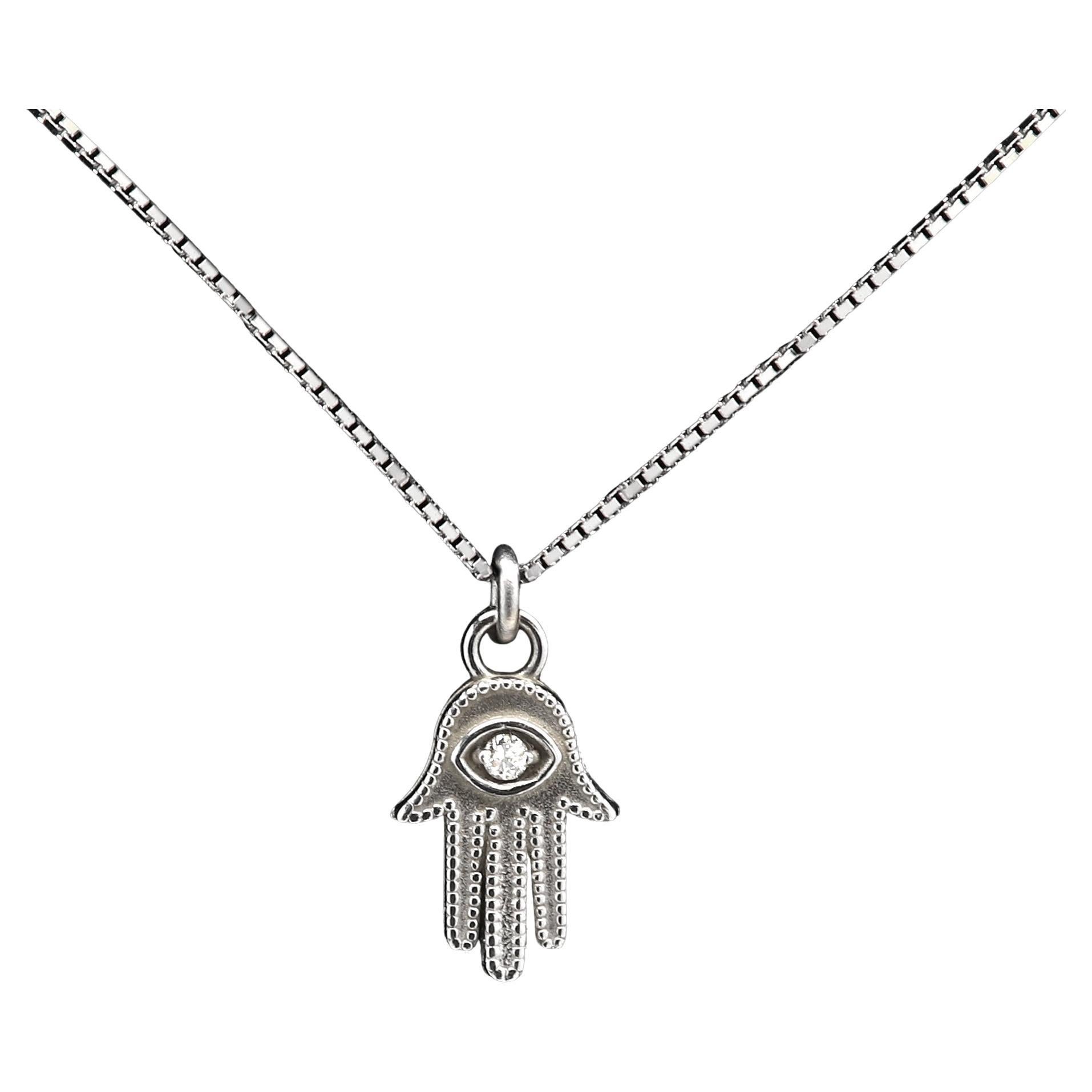 14k Mini Hamsa Evil Eye White Gold and Diamonds very small eye Hamsa Hand Eye