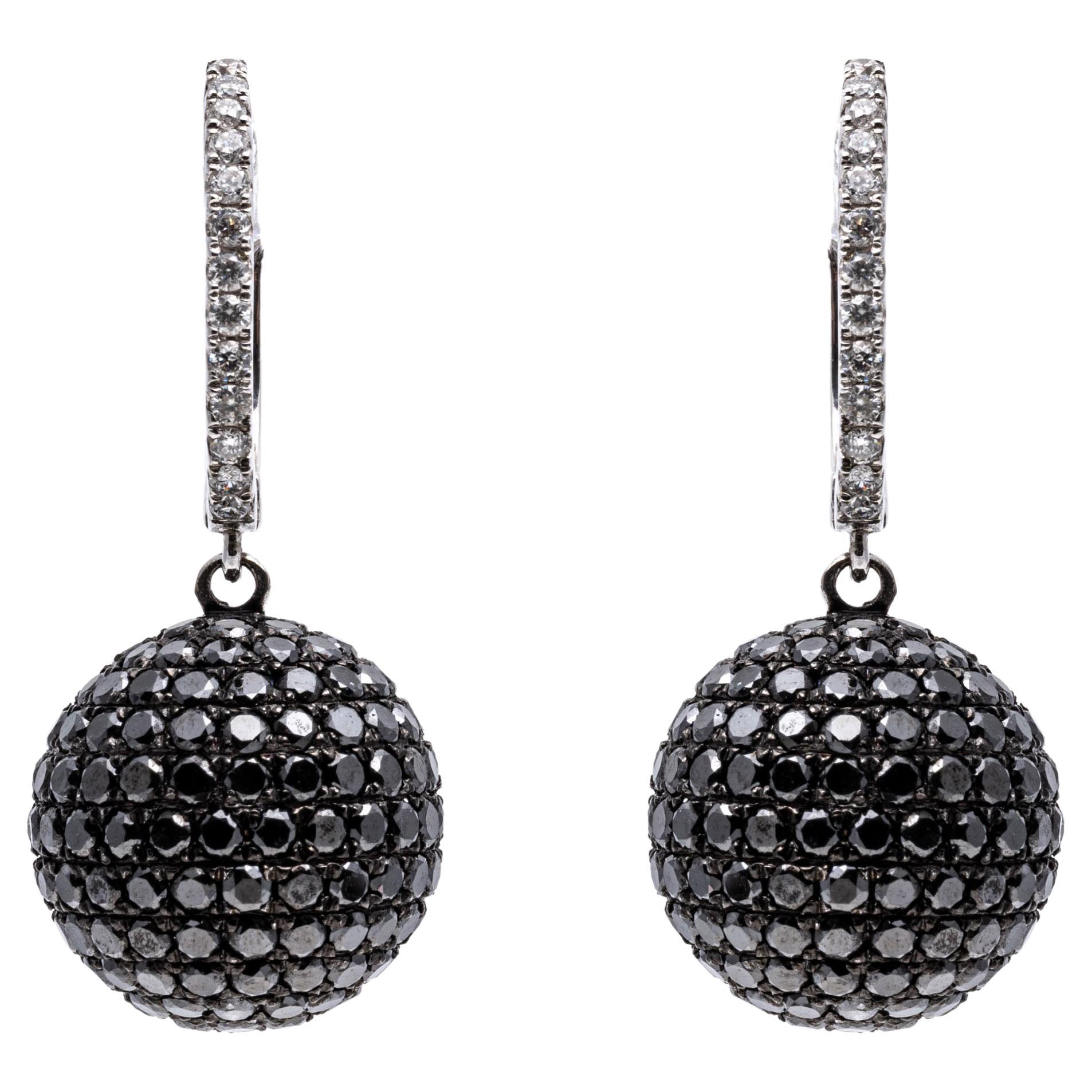 14K Mod Black and White Diamond Ball Drop Earrings, App. 5.77 TCW For Sale