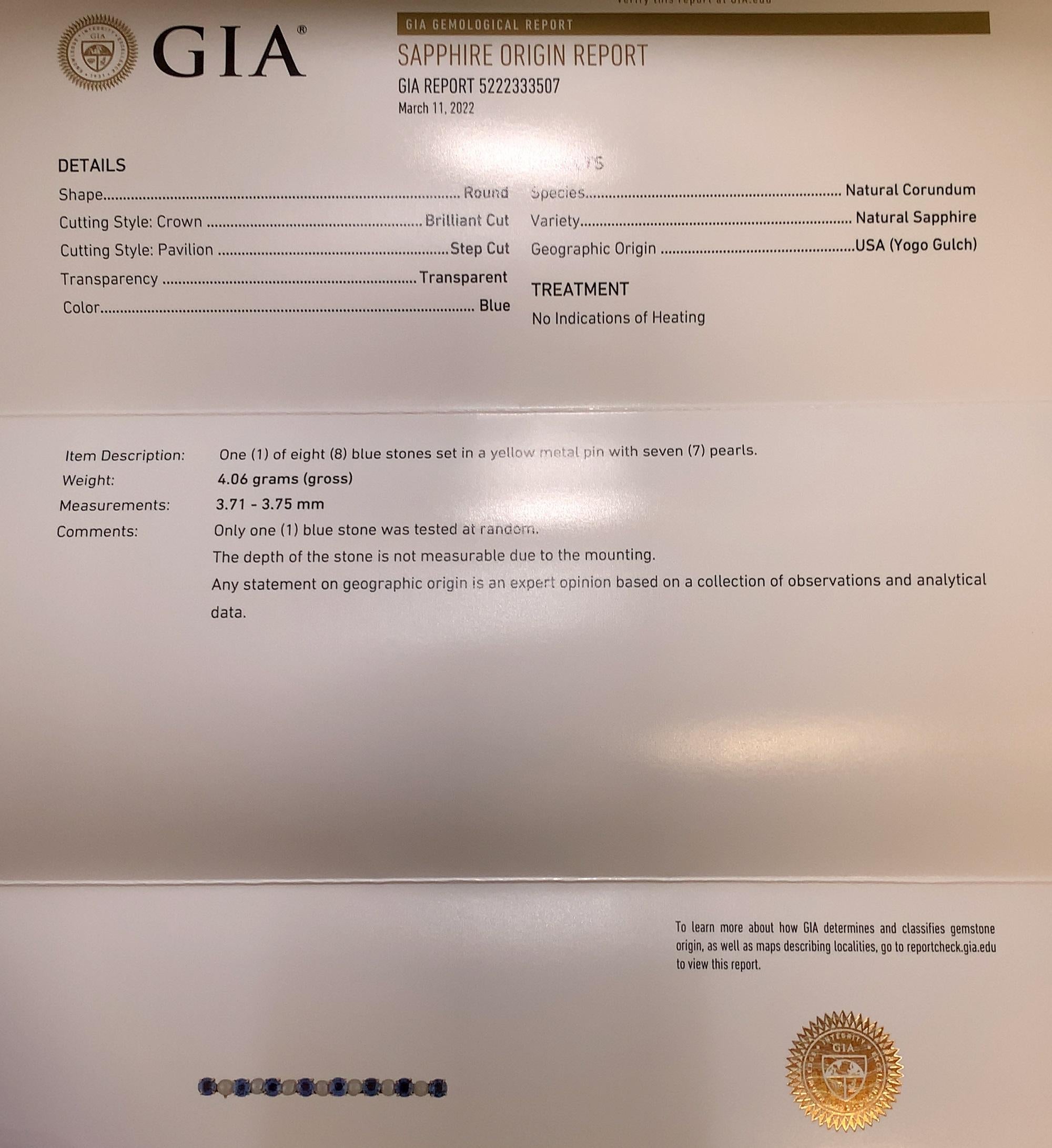 Épingle à barre en saphir du Montana 14 carats et perles certifiée GIA Pour hommes en vente