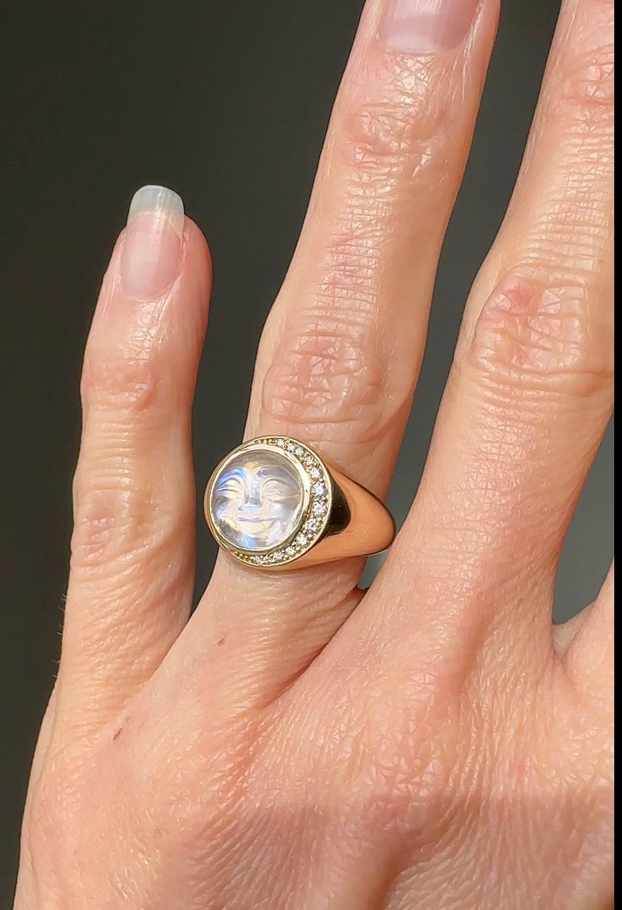 Both luminous and beautifully carved, when I found this whimsical 1930's man-in-the-moon moonstone, I wanted to make it something special. 🌙 The moonstone is transparent with a strong blue luster, so I mounted it in 14k yellow gold with an enclosed