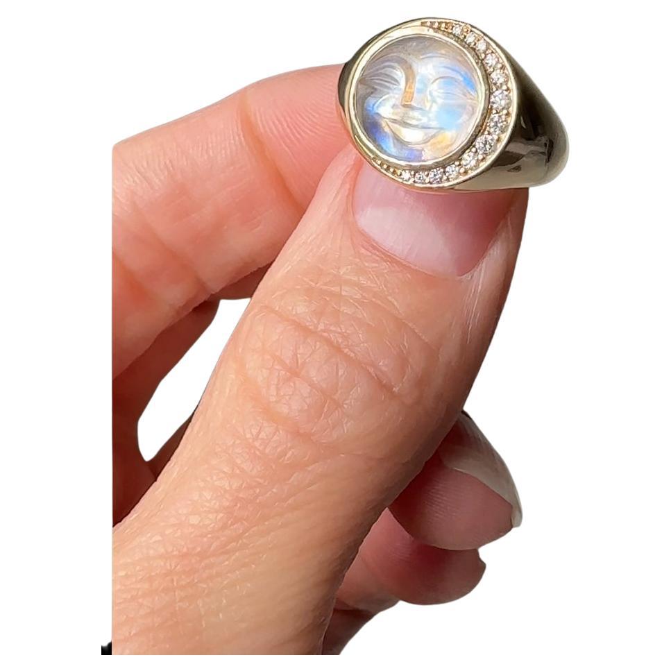 14K Moonstone and Diamond Man in the Moon Ring For Sale