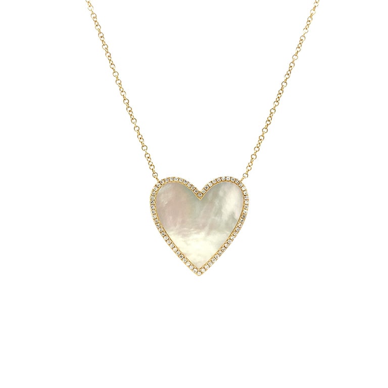 14K Mother of Pearl Diamond Heart Pendant Necklace Yellow Gold For Sale ...