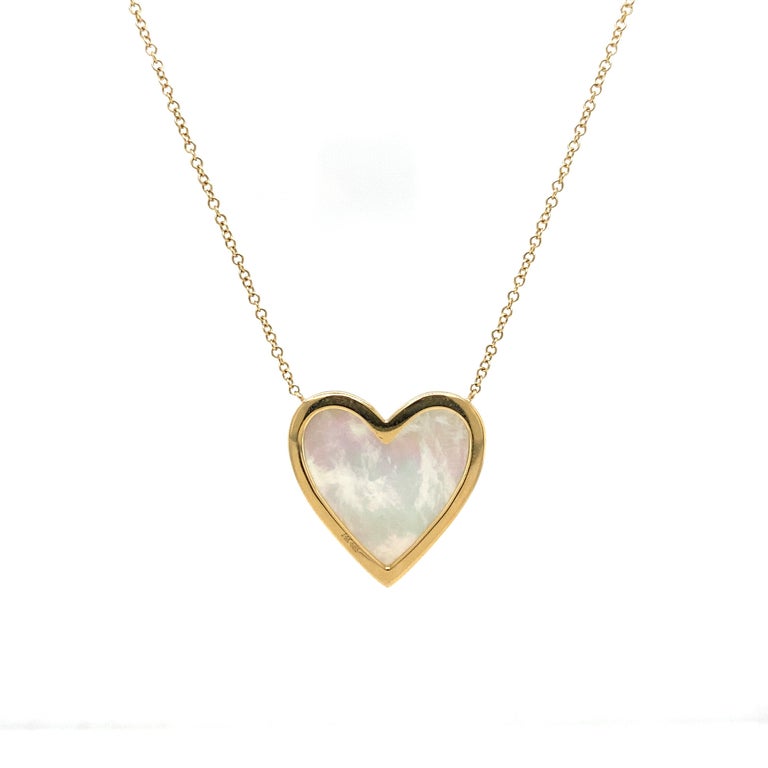 14K Mother of Pearl Diamond Heart Pendant Necklace Yellow Gold For Sale ...