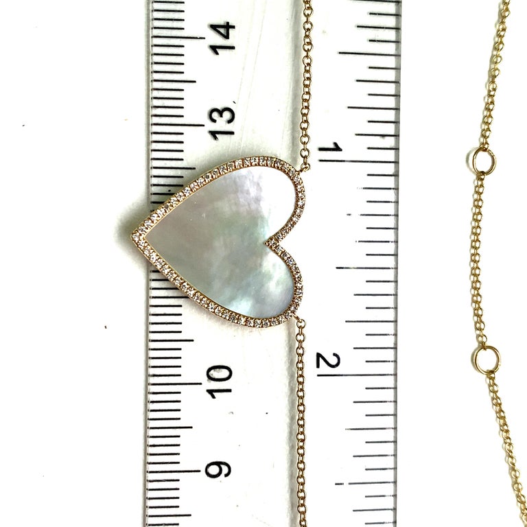 14K Mother of Pearl Diamond Heart Pendant Necklace Yellow Gold For Sale ...