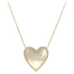 14k Mother of Pearl Diamond Heart Pendant Necklace Yellow Gold