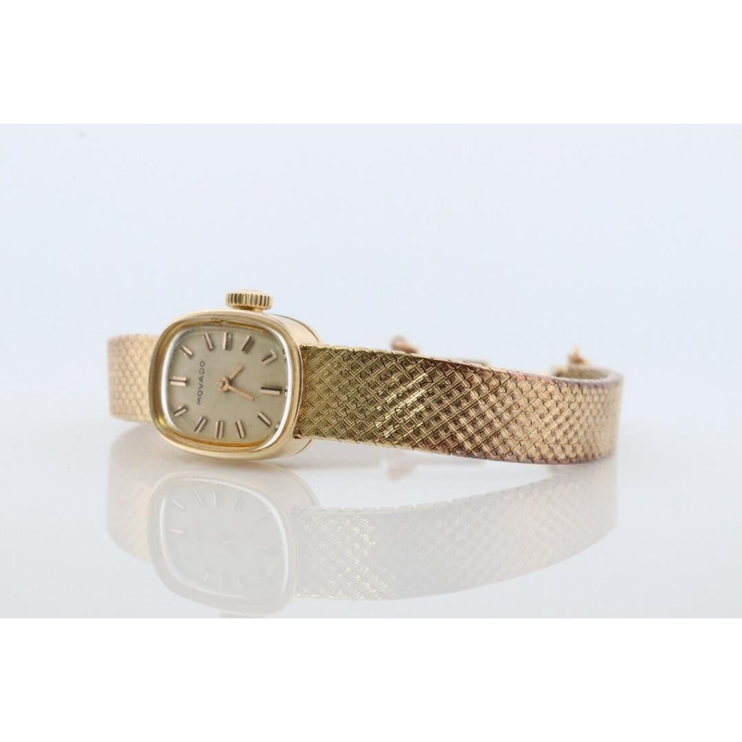 Vintage from the 1960s
Band Material: Leather
Materials: Gold
Power: Mechanical

Readout: Analog

Classic 1960s MOVADO 14k Watch. The case is 14k Yellow Gold with a genuine Movado 14k Yellow Gold Bracelet.

Ladies Oval Case.

Serviced, Movement