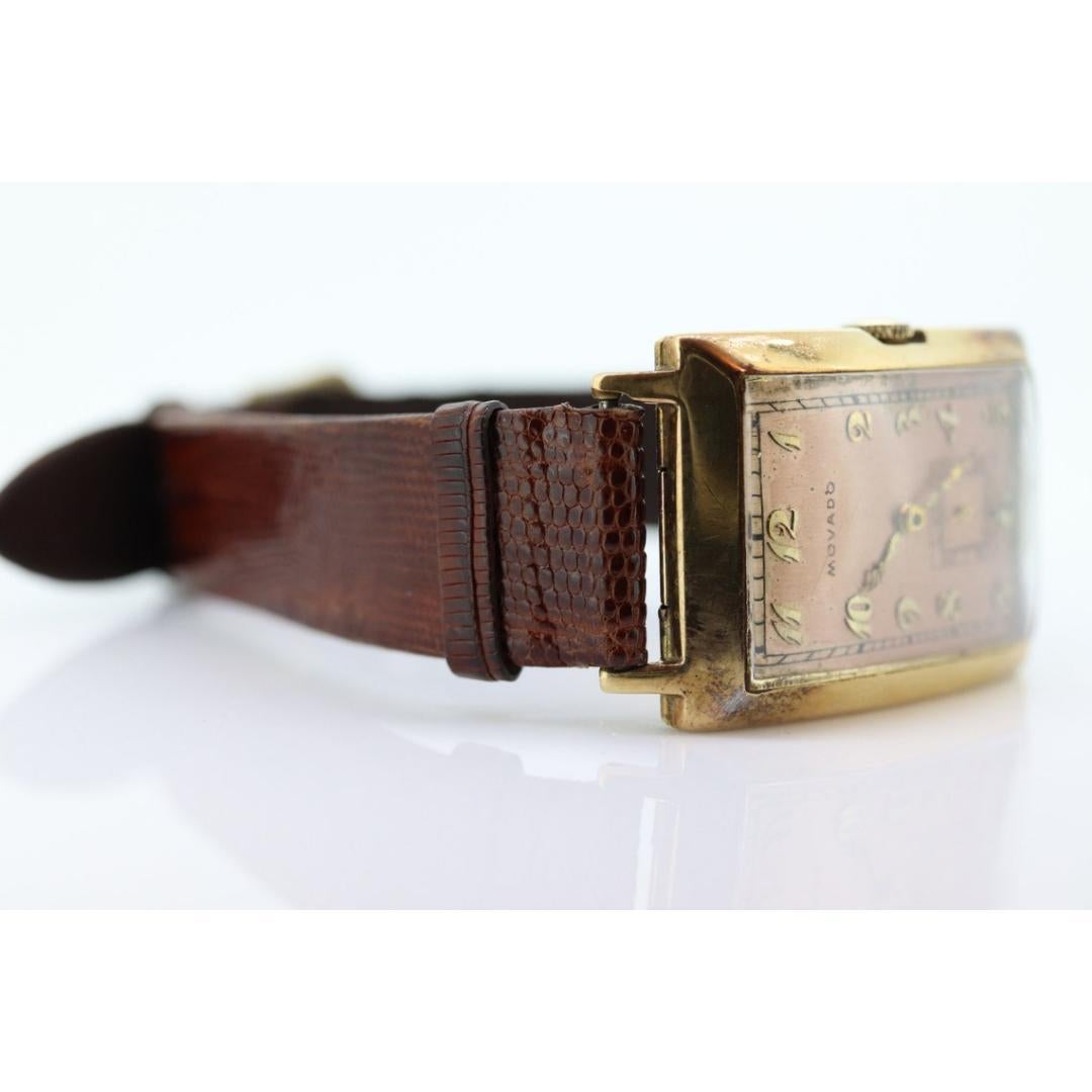 Men's 14k MOVADO Rectangle Manual Watch. Antique Mens Movado Vintage Tank Wrist Watch For Sale
