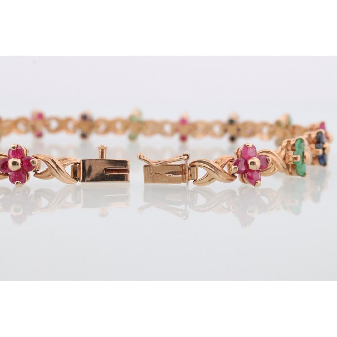 14k Mehrfarbiges Edelsteinarmband. Schwere XOXOXO Runde Rubin-Smaragd-Saphir-Blume 6