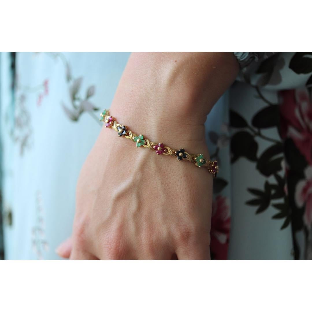 14k Mehrfarbiges Edelsteinarmband. Schwere XOXOXO Runde Rubin-Smaragd-Saphir-Blume 7