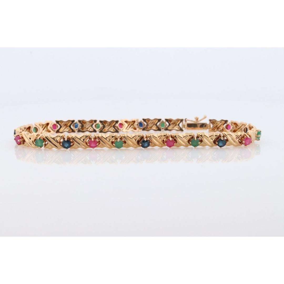 14k Mehrfarbiges Edelsteinarmband. Schwere XOXOXO Runde Rubin-Smaragd-Saphir-Blume im Zustand „Gut“ in Port Charlotte, FL