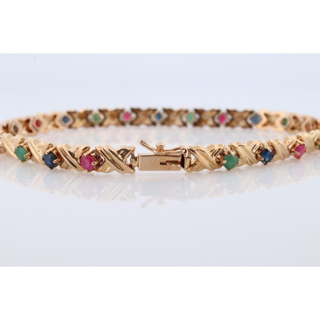 14k Mehrfarbiges Edelsteinarmband. Schwere XOXOXO Runde Rubin-Smaragd-Saphir-Blume Damen