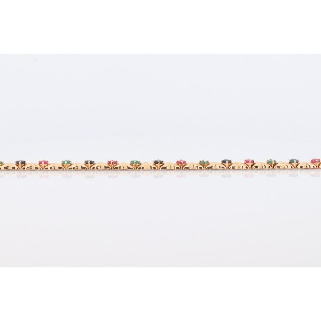 14k Mehrfarbiges Edelsteinarmband. Schwere XOXOXO Runde Rubin-Smaragd-Saphir-Blume 1