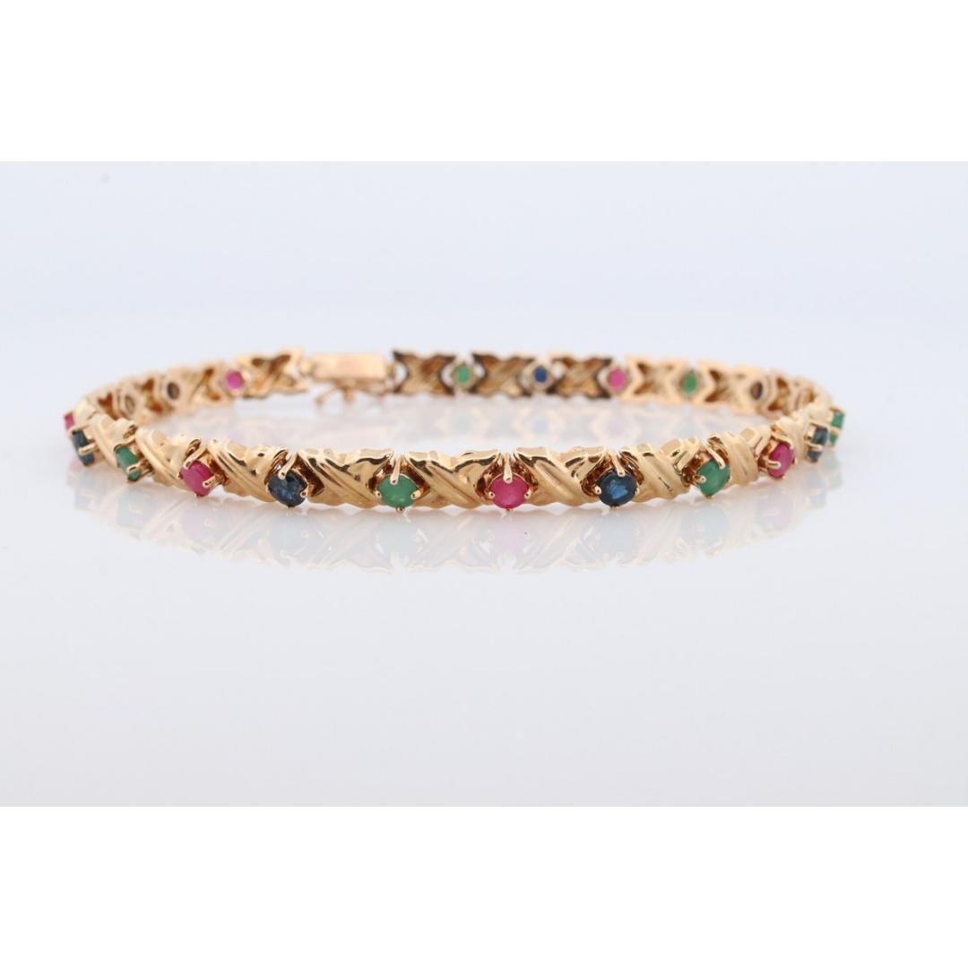 14k Mehrfarbiges Edelsteinarmband. Schwere XOXOXO Runde Rubin-Smaragd-Saphir-Blume 2