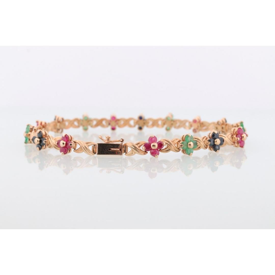 14k Mehrfarbiges Edelsteinarmband. Schwere XOXOXO Runde Rubin-Smaragd-Saphir-Blume 2